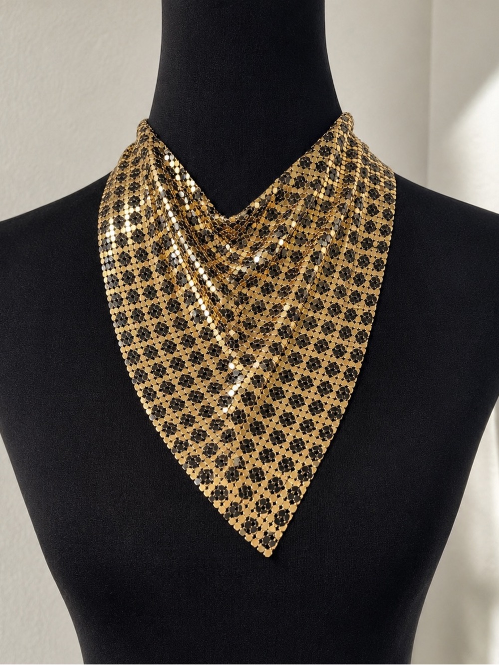 Authentic Vintage Black Gold Mesh Scarf Necklace Chainmail Bib Disco Dots